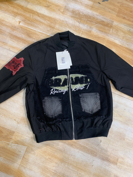 BRAND RACING CLUB Black Colour With Rugged Denim Embroidery Design Premium Quality Unisex Varsity Jacket 012