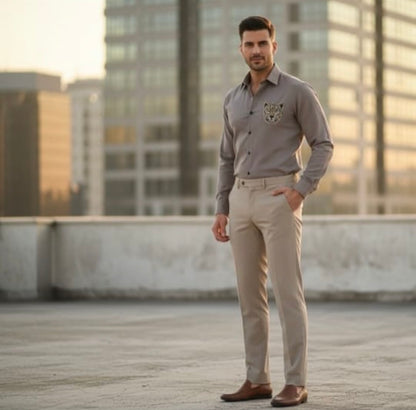 AQUARIUS Grey Colour Tiger Gold Black Stud Design Premium Quality Full sleeve Shirt 2566