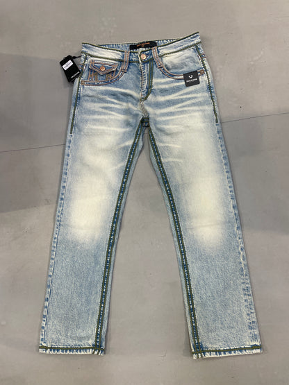TR URT Light blue colour With Brown  Green Thread Work Straight Fit Men’s Jean’s 14360