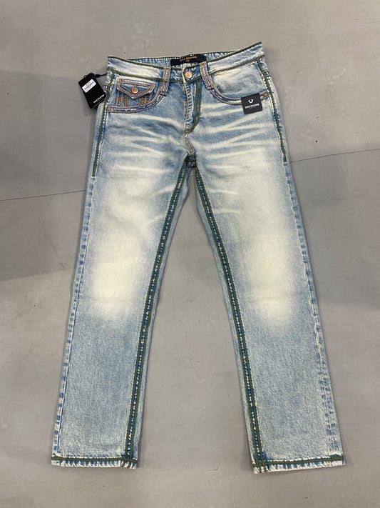 TR URT Light blue colour With Brown  Green Thread Work Straight Fit Men’s Jean’s 14360