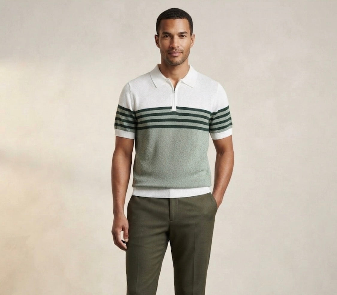 Men Stylish Pista Green White Colour Green Lining Half Zip Knitted Premium Quality Unisex Collar T-Shirt R86028