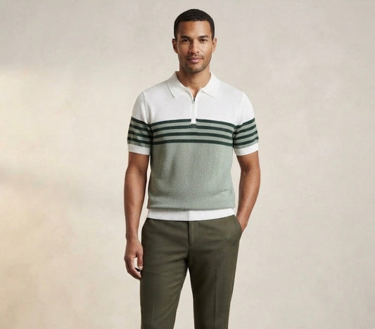 Men Stylish Pista Green White Colour Green Lining Half Zip Knitted Premium Quality Unisex Collar T-Shirt R86028