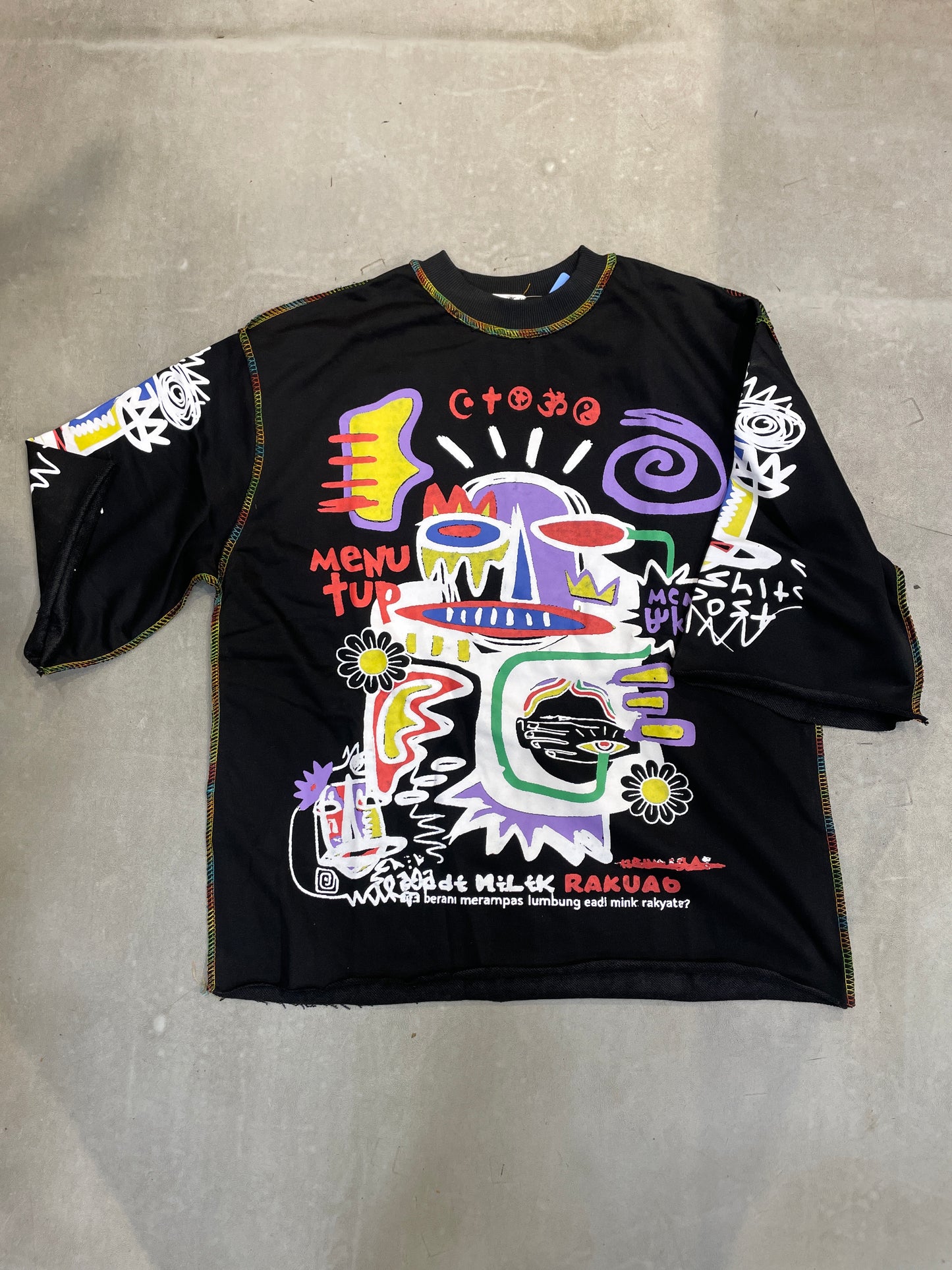 STUONER Black Colour Menu Tup Multi Colour Cartoon Print Imported Oversized Unisex T Shirt 990858