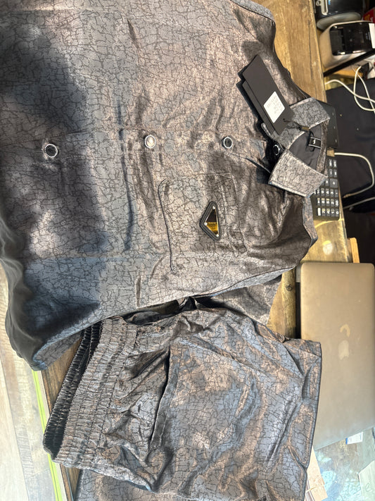 S.S.S.L Grey Black Line Glossy Colour Pocket Shirt With Lower Coord Set 25338