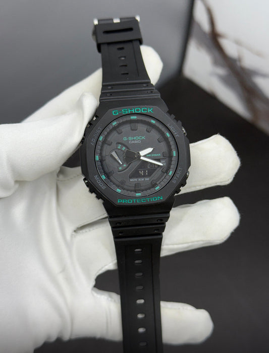 Hsg Black Silicone Strap Black Green Dial Water resistant Sports Men Watch 989496