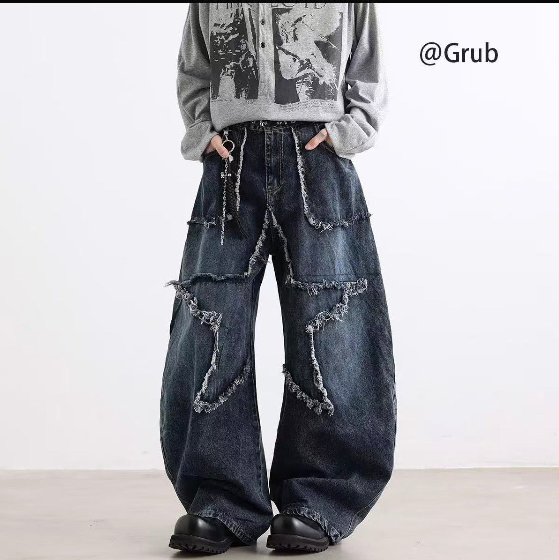 Yilufa Faded Dark Blue Colour Big Star Patch Baggy Fit Unisex Imported Denim jeans 7089