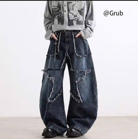 Yilufa Faded Dark Blue Colour Big Star Patch Baggy Fit Unisex Imported Denim jeans 7089