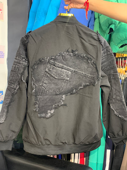 NOTE Black Colour With Rugged Denim Embroidery Design Premium Quality Unisex Varsity Jacket 013