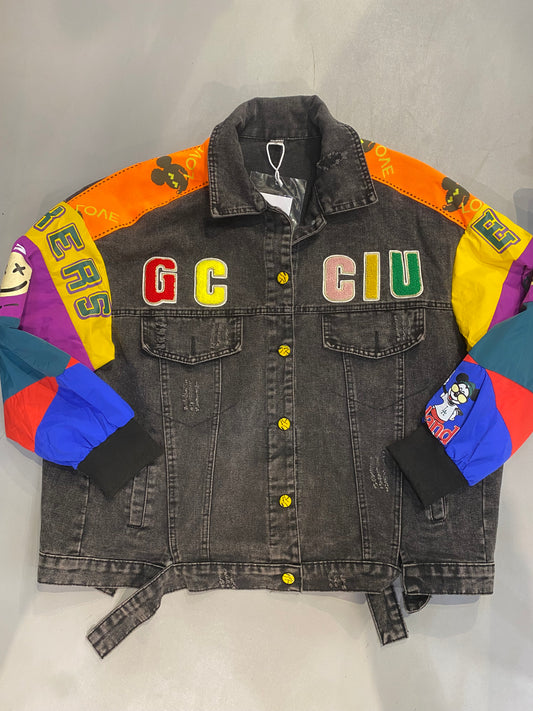 GCCIU Black Grey With Multi Colour Premium Quality Imported Free Size Unisex Denim Jacket 818