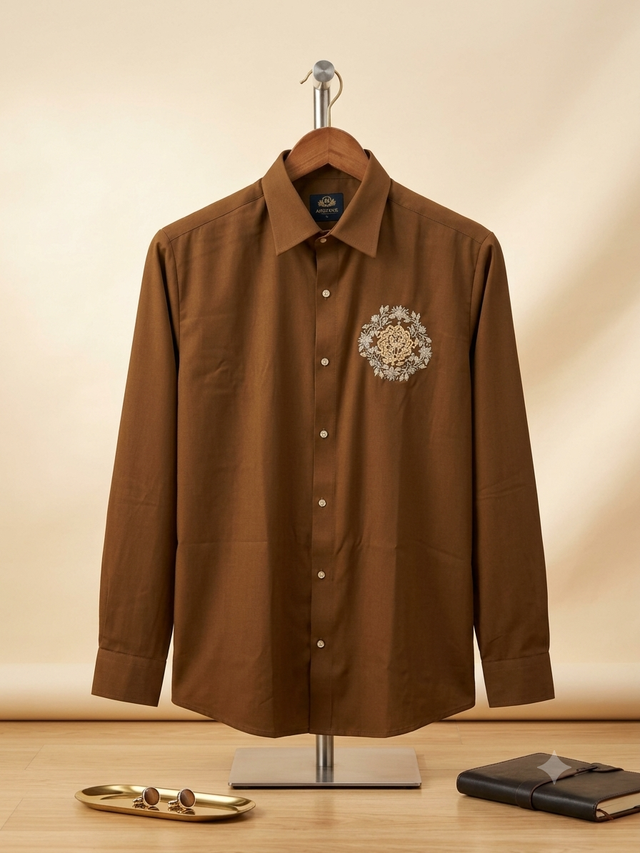 Aquarius Brown Colour Golden Stone Flower Deer Print Premium Quality Japanese Shirt 991411-A