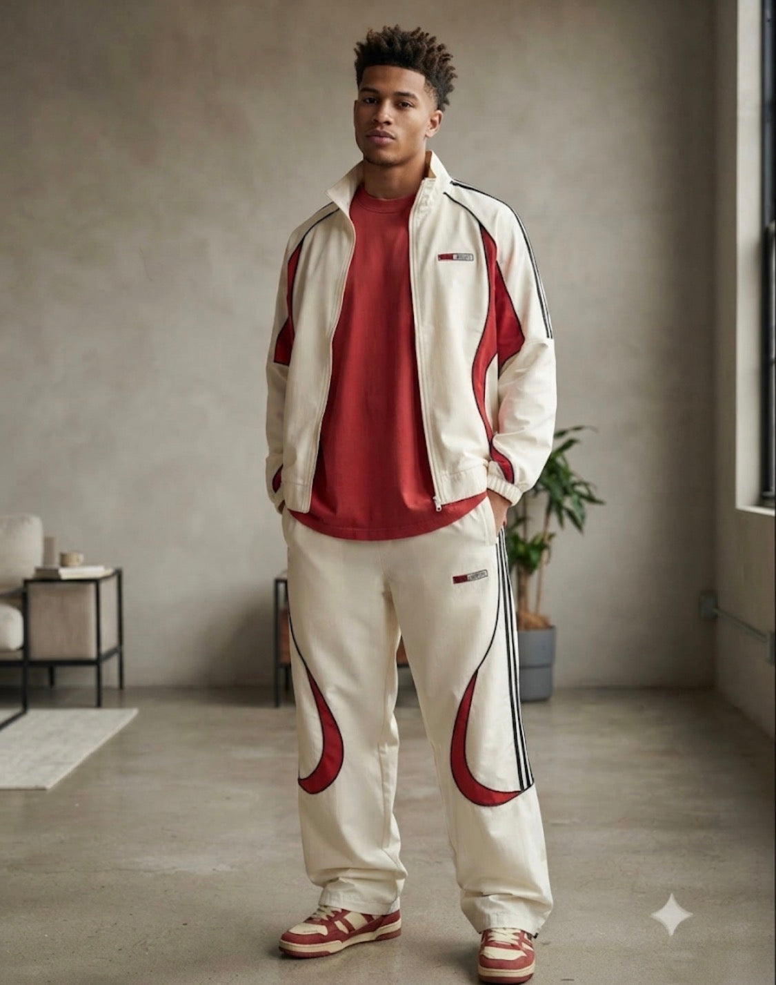 Brand Design Cream Red Colour Black Strap Yes Embroidery Jacket And Lower Imported Unisex Coord Set 6607-A