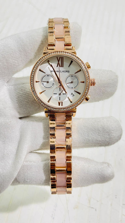 Cim Copper Pink Slim Chain White Dial Studed Ladies Watch 989368