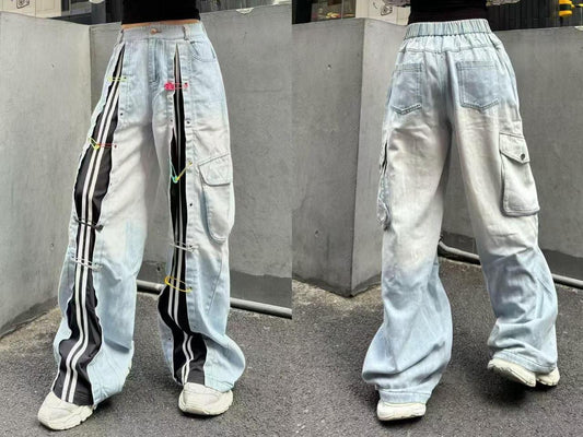 Seven+ Sky Blue White Black Stripe Coloured Saftypin Imported Baggy Fit Jeans M17503