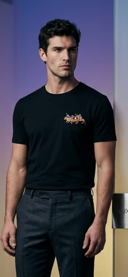 Fashion LOP POL Black Colour Horse Embroidery Imported Oversize Unisex T-shirt 2502