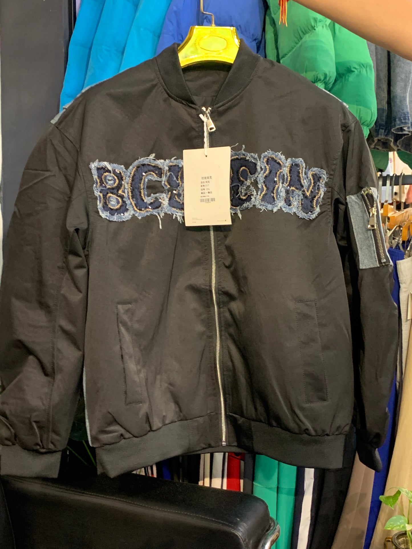 BCLEIN Black Colour With Rugged Blue Denim Embroidery Back Print Premium Quality Unisex Varsity Jacket 017