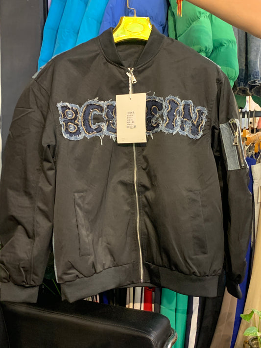 BCLEIN Black Colour With Rugged Blue Denim Embroidery Back Print Premium Quality Unisex Varsity Jacket 017