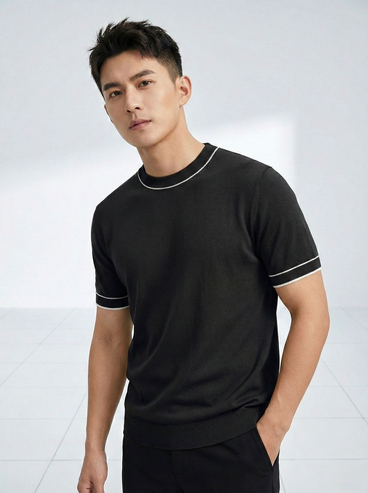 Modern Stylish Black Colour Round White Line knitted Round Neck Tshirt QC009