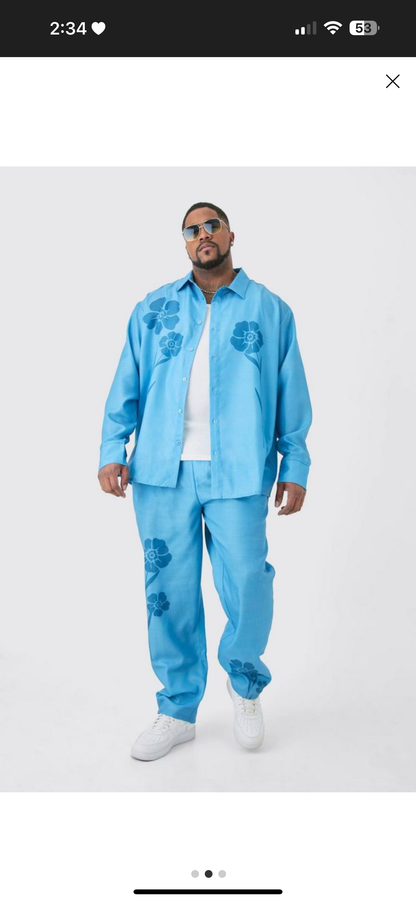 Booh Oob Man Pale Blue Tonal Floral Linen Look Long Sleev Shirt Pant 5045744680182