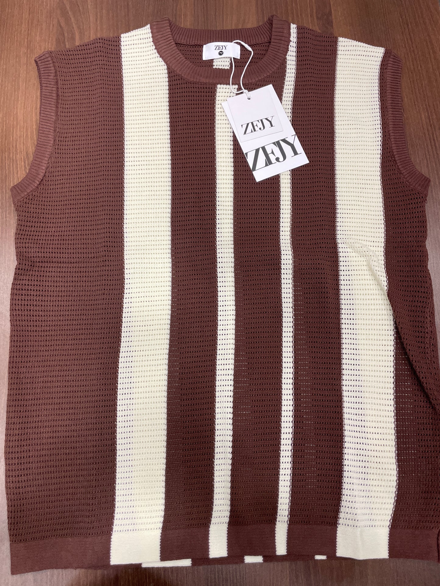 ZFJY Brown Colour Cream Lining Knitted Premium Quality Round Neck Tank Top 6865