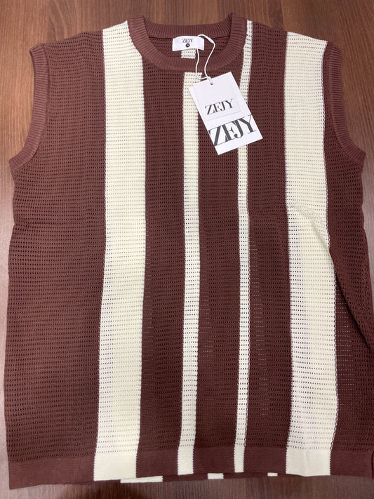 ZFJY Brown Colour Cream Lining Knitted Premium Quality Round Neck Tank Top 6865