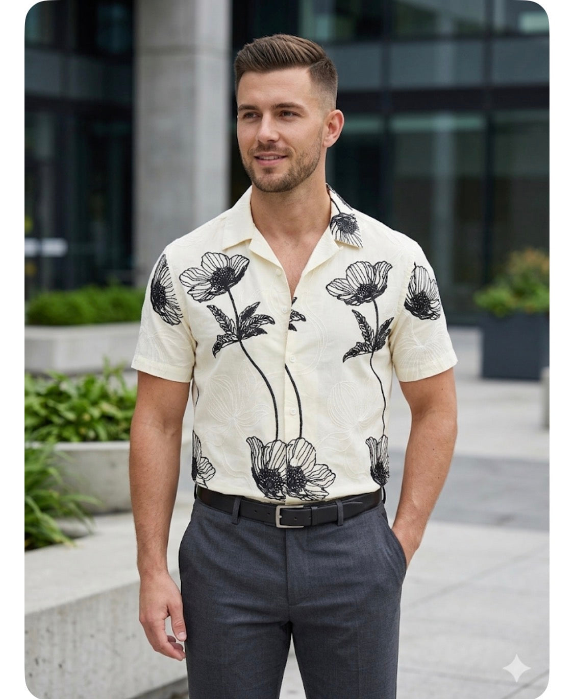B.S.D Cream Colour Flower Embroidery Premium Quality Half Sleeve Shirts 2698