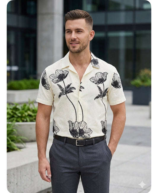 B.S.D Cream Colour Flower Embroidery Premium Quality Half Sleeve Shirts 2698