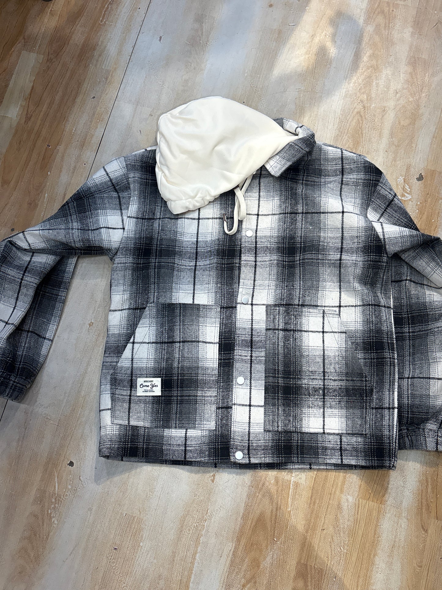 COME YES Black Grey White Multi Colour Check Print Full Sleeve Hoodie Jacket K-8892