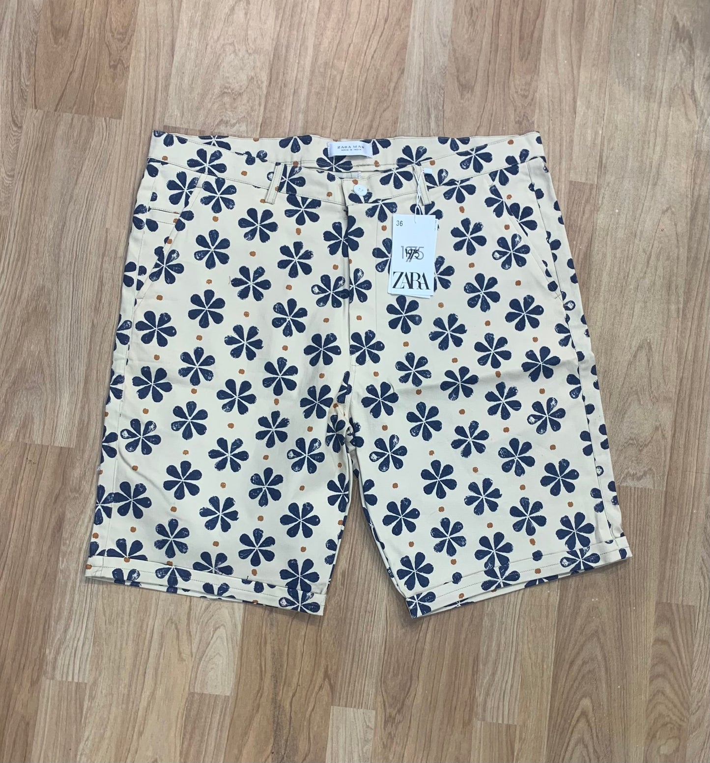 ZR RAZ Beige Colour with Navy Flower Print Premium Quality Cotton Shorts 99933