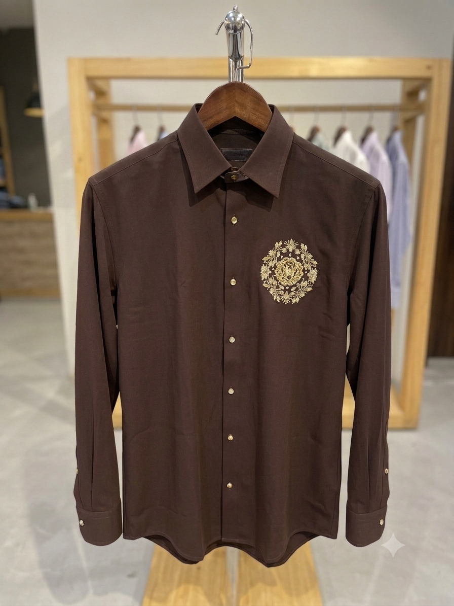 Aquarius Coffee Brown Colour Golden Stone Flower Deer Print Premium Quality Japanese Shirt 991412-A