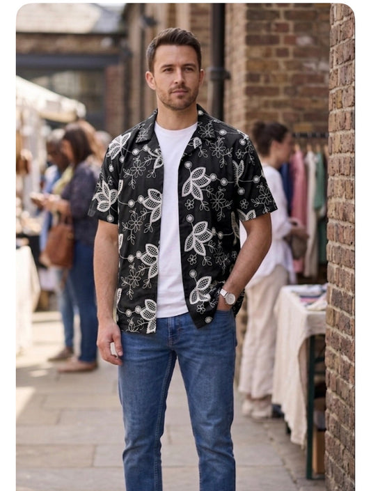 B.S.D Black Colour Flower Embroidery Premium Quality Half Sleeve Shirts 2712