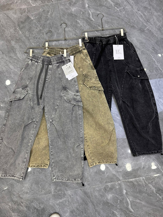 YZY Korean Style Faded Dark Black Grey Baggy Fit Denim Cargo Pants Y1076