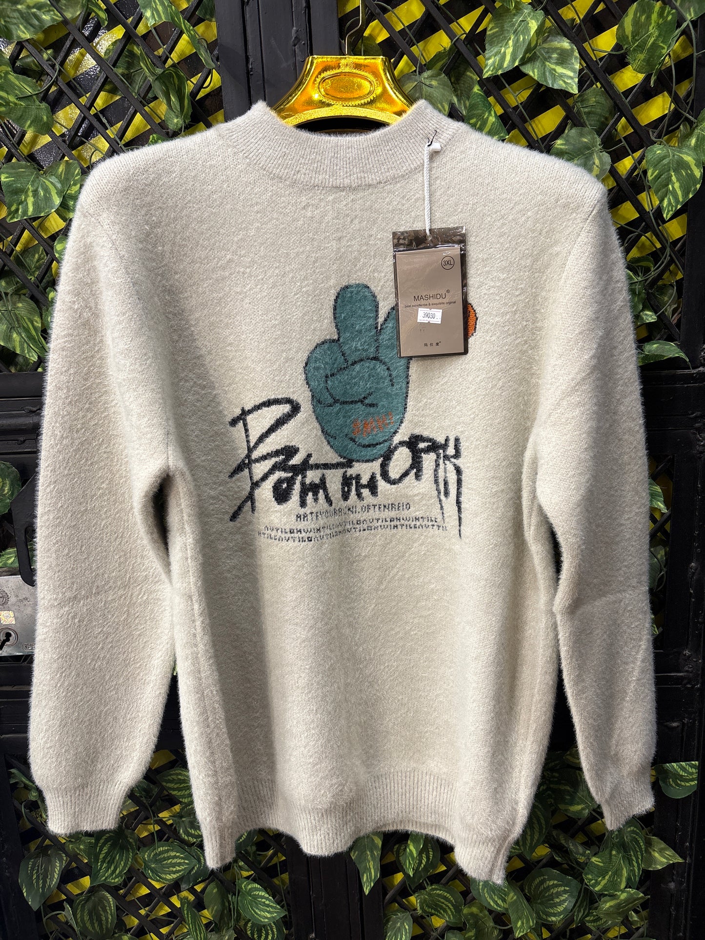 Mashidu Cream Beige Colour Bomohork Green Hand Print Colour Sweatshirt 39030