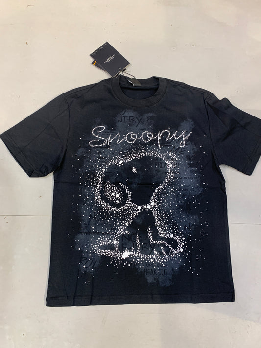 ALINDA HOMME Black Grey Faded Colour Snoopy White Stone Print Imported Oversized Unisex TShirt 39941