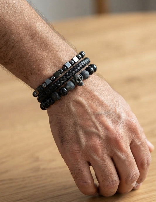NICKEL FREE Black Colour Imported Unisex Leather Bracelet Pack of Three 25988