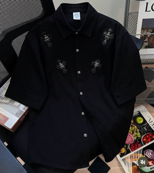 VOGUE DESIGN RHC CHR Black Colour With Leather Patch Half Sleeve Drop Shoulder Imported Men’s Shirt 2726