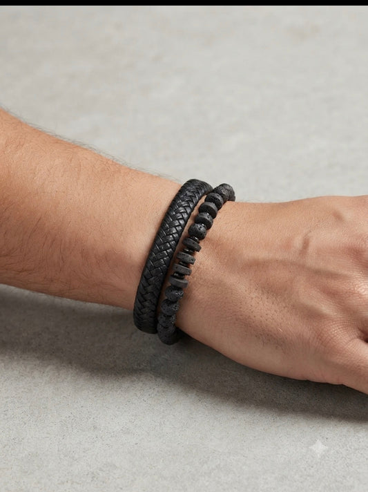 NICKEL FREE Black Colour Imported Unisex Leather Bracelet Pack of Two 25999