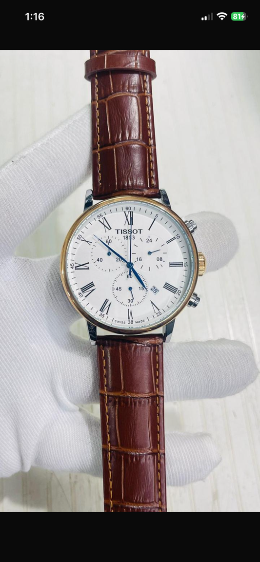 Sit Brown Strap Whit Dial Silver Ring Chronograph Working Men Watch 989976