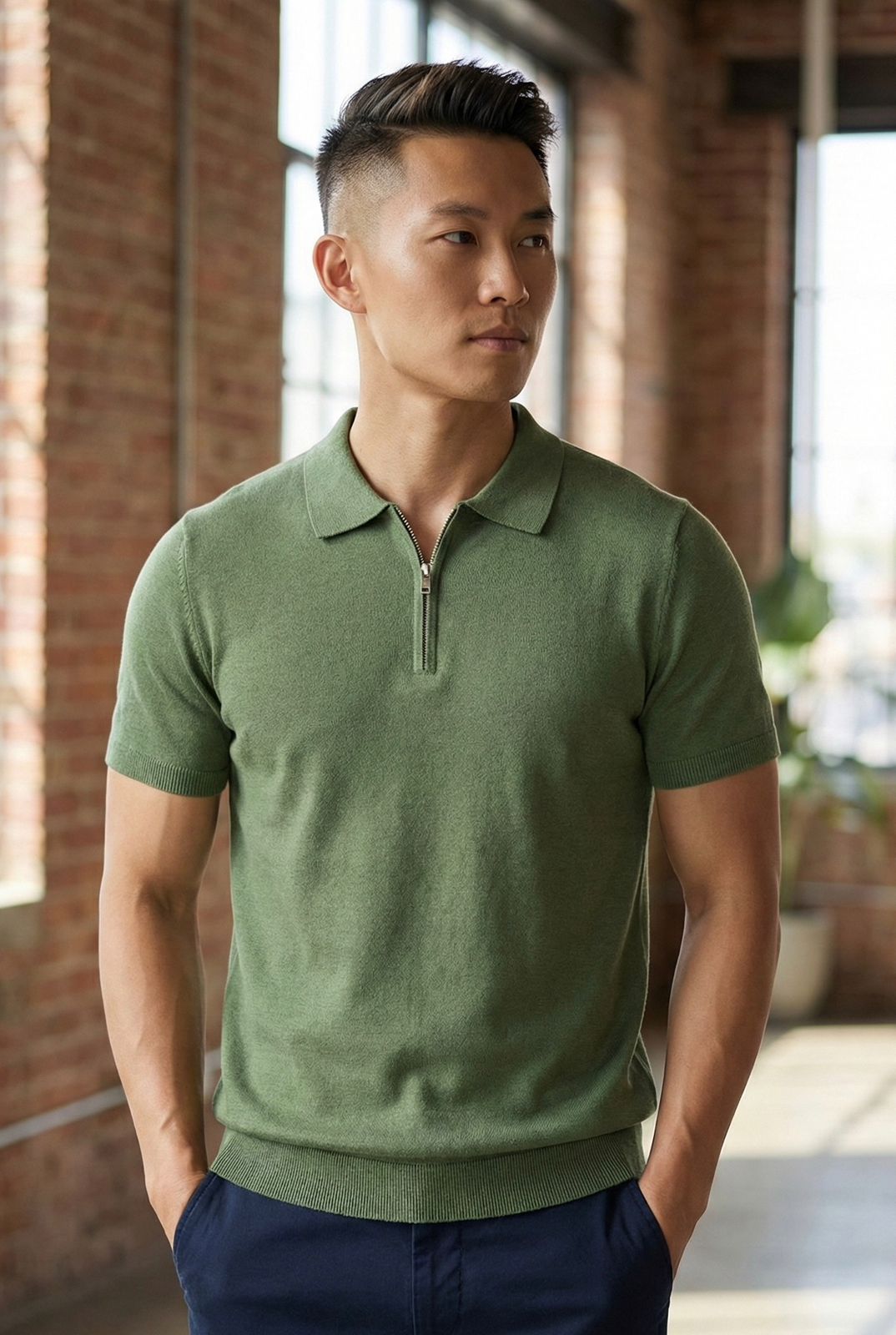 Modern Stylish Green Colour Half Zip Knitted Coller Tshirt 7043