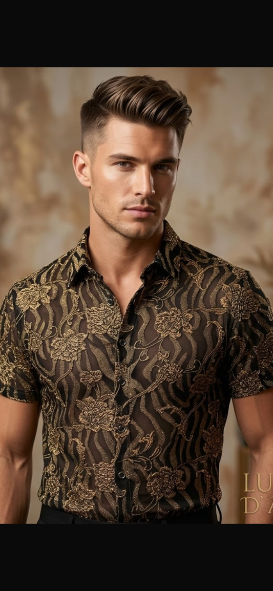 Black Golden Colour Golden Flower Knitted Half Sleeve Imported Shirt A0289