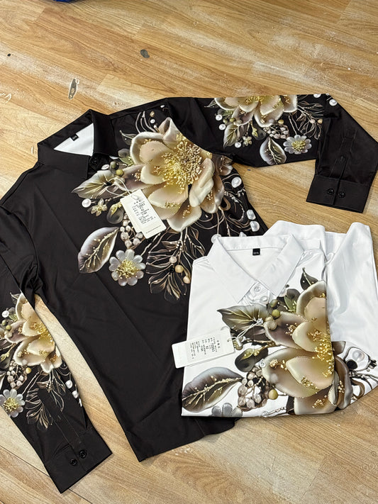 Modenggeda White Flower Colour Stone Print Full Sleeve Imported Shirt 72553
