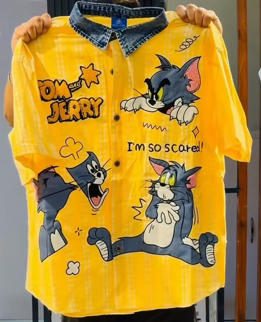 CHLEN/RTEEL Yellow Colour Denim TOM and JERRY Print Half Sleeve Imported Oversized Unisex Shirt Yh988