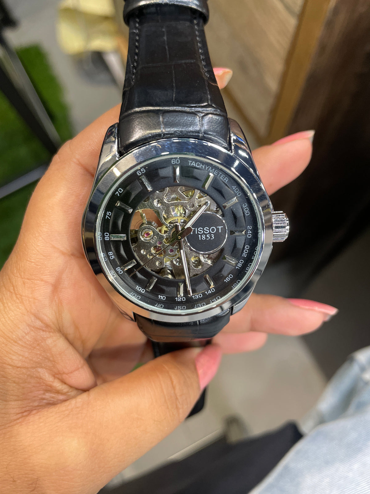 SIT TIS Black Leather Strap Silver Ring Black Silver Dial Automatic Mens Watch 991210