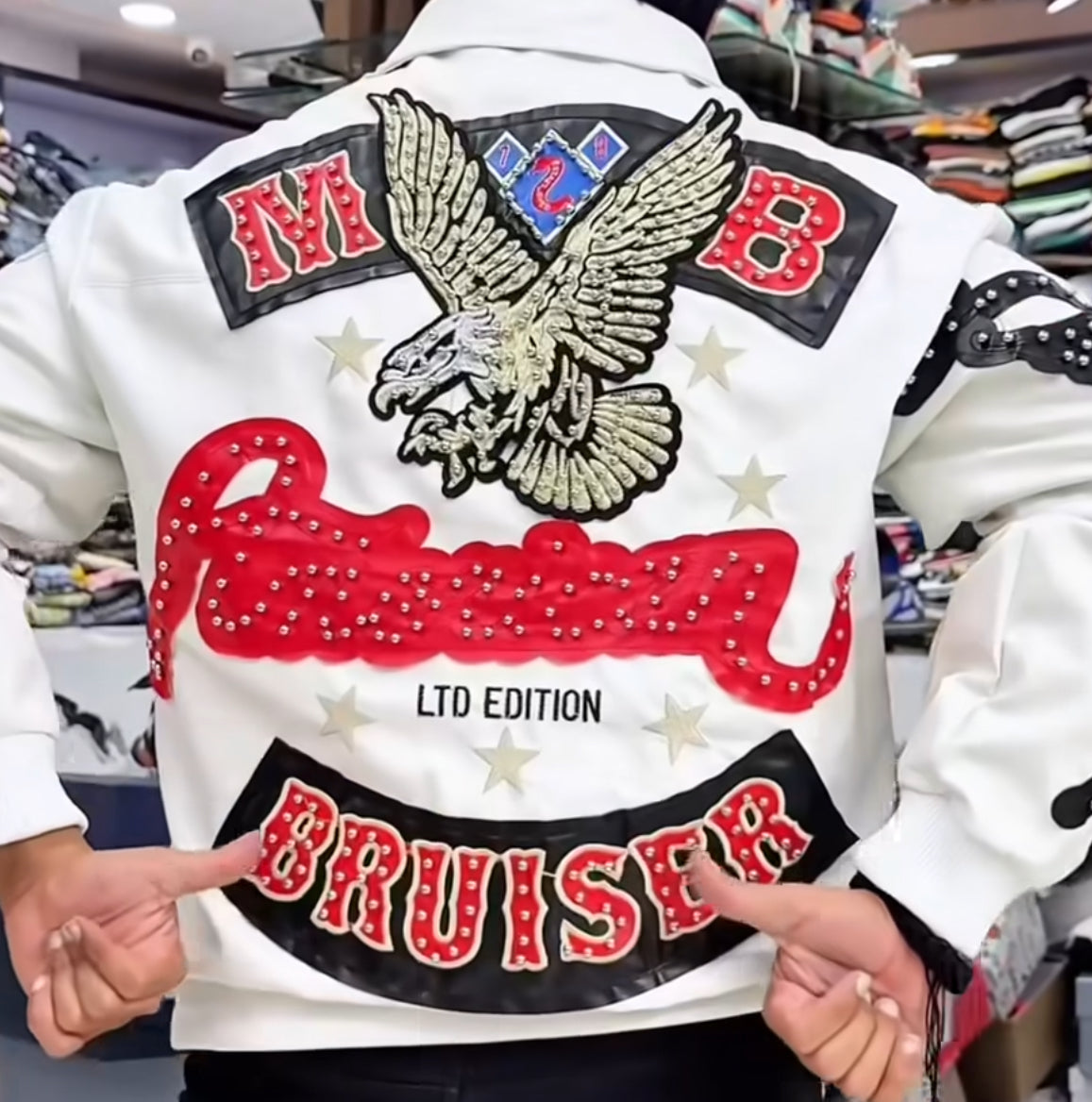 Pelle Pelle Bruiser White Colour Heavy Print Stud Work Premium Leather Jacket 2582