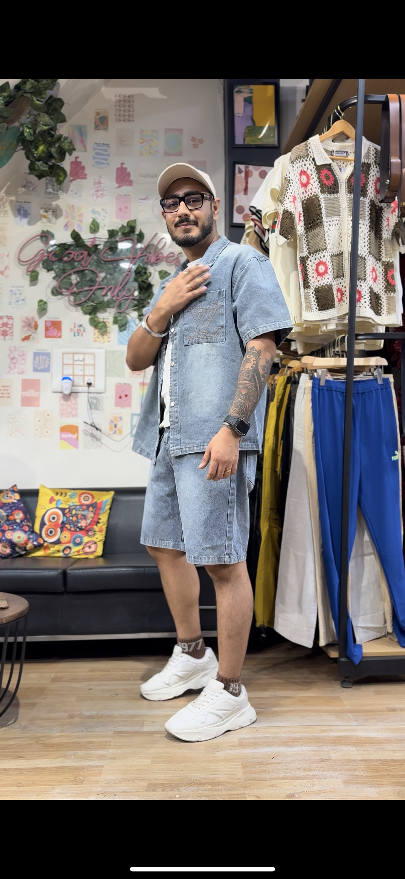 Uol Lou Blue Grey Half Sleeve Shirt With Shorts Denim Coord Set 88027