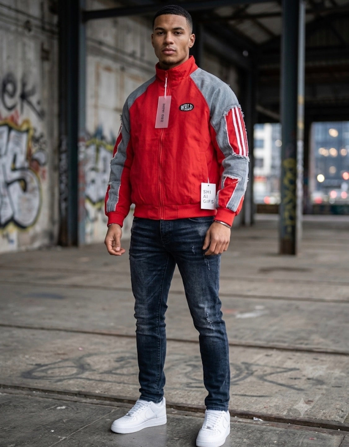WRLD Red Colour With Rugged Blue Denim Design Premium Quality Unisex Jacket 268F-38