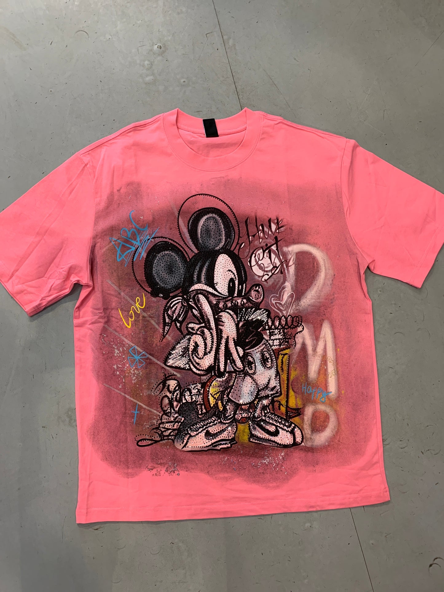 ALINDA HOMME Pink Colour ABC LOVE Micky Stone Print Imported Oversized Unisex TShirt 39928