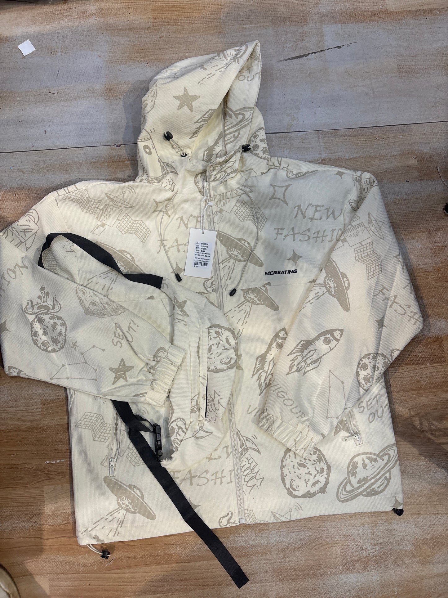 MCREATING Cream Printed Heavy Quality Corduroy Style Hooded Jacket K-8896