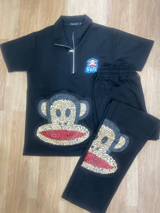 FUNKYAPE Black Colour Monkey Style Coller T Shirt With Lower Coord Set 990447