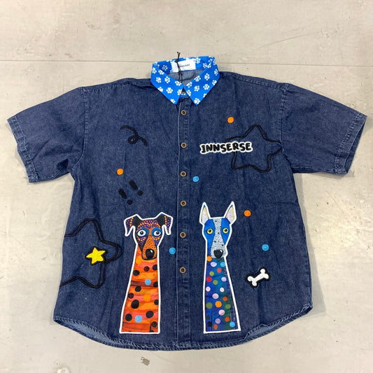 INNSERSE Blue Denim Shirt Dog Print Light Blue Collar Dog Foot Print Imported Unisex Shirt 5147