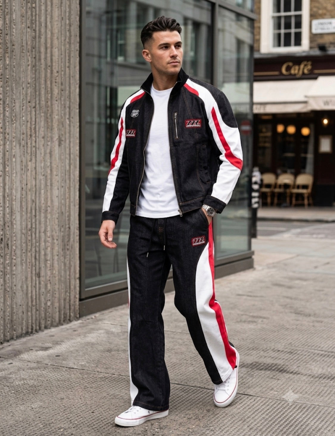 JMX Black Denim Red White Colour Manrton Print Jacket And Denim Cargo Imported Unisex Coord Set 991079
